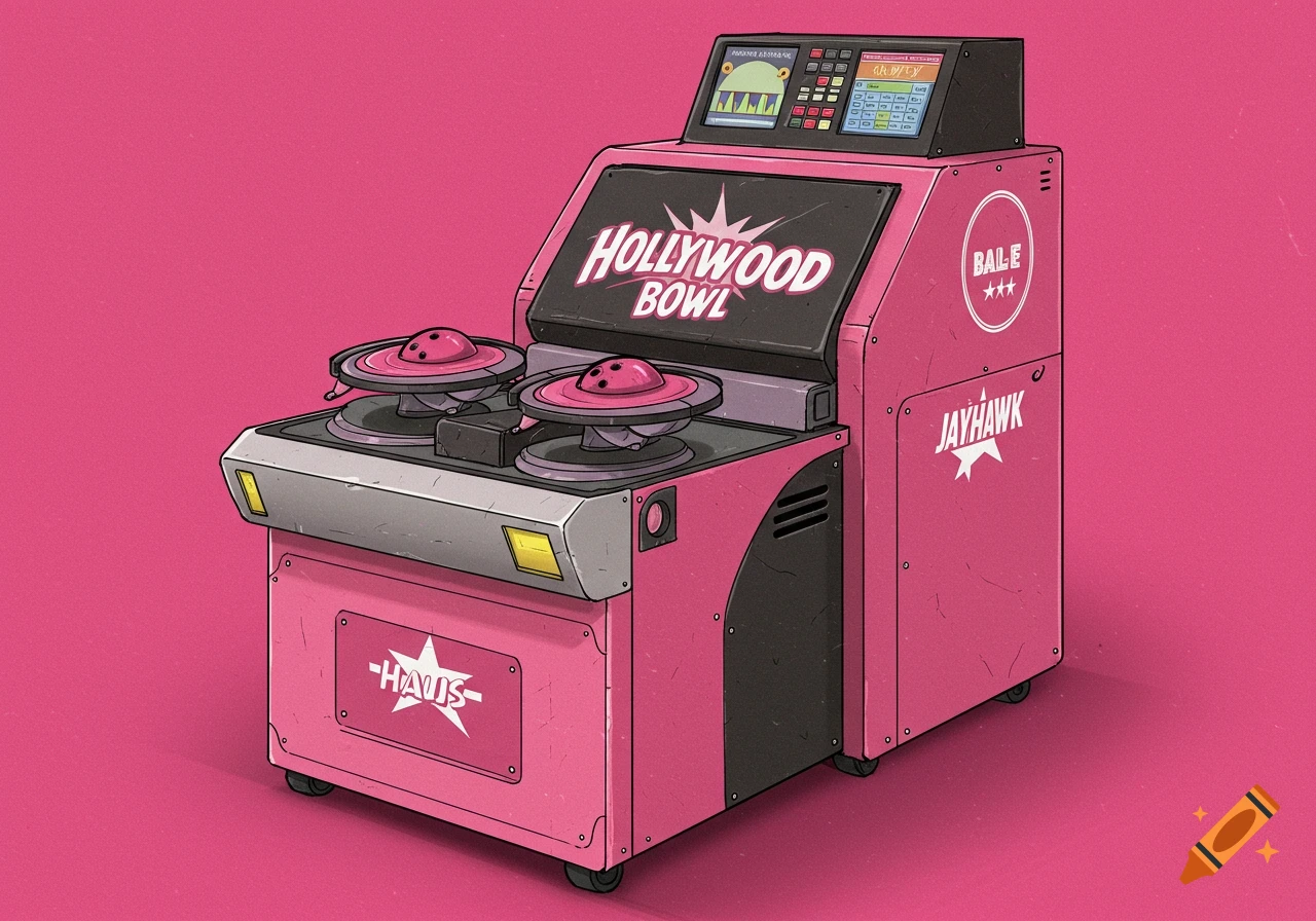 Pink bowling ball resurfacing machine with Hollywood Bowl, Jayhawk, and Haus branding in an illustration style.