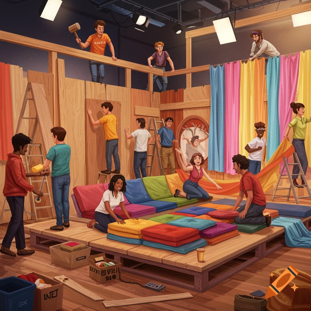 Illustration of diverse group building a colorful talk show set with wood, fabric, and cushions.
