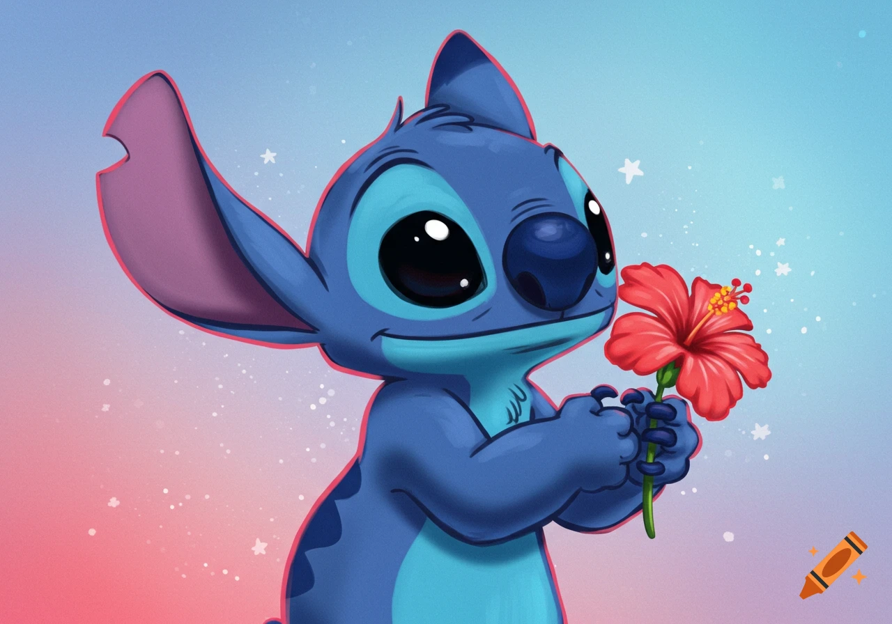 Cartoon character Stitch holding a red hibiscus flower, digital illustration.