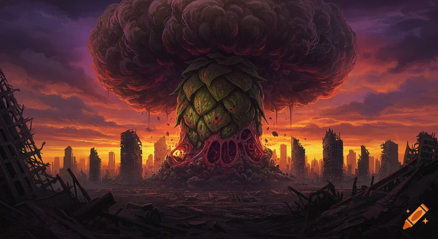 Giant mutated hop cone mushroom cloud over ruined city at sunset.