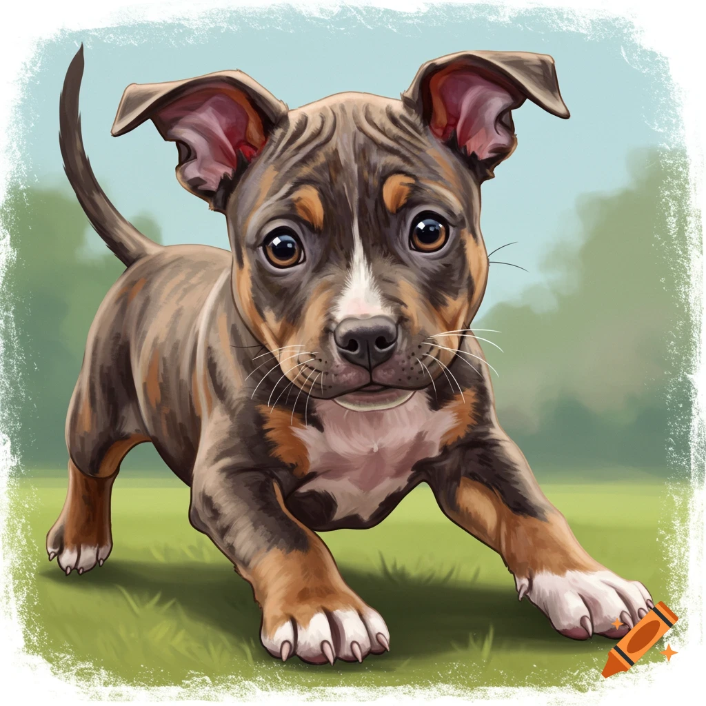Illustration of a brindle pit bull puppy playing in the grass.