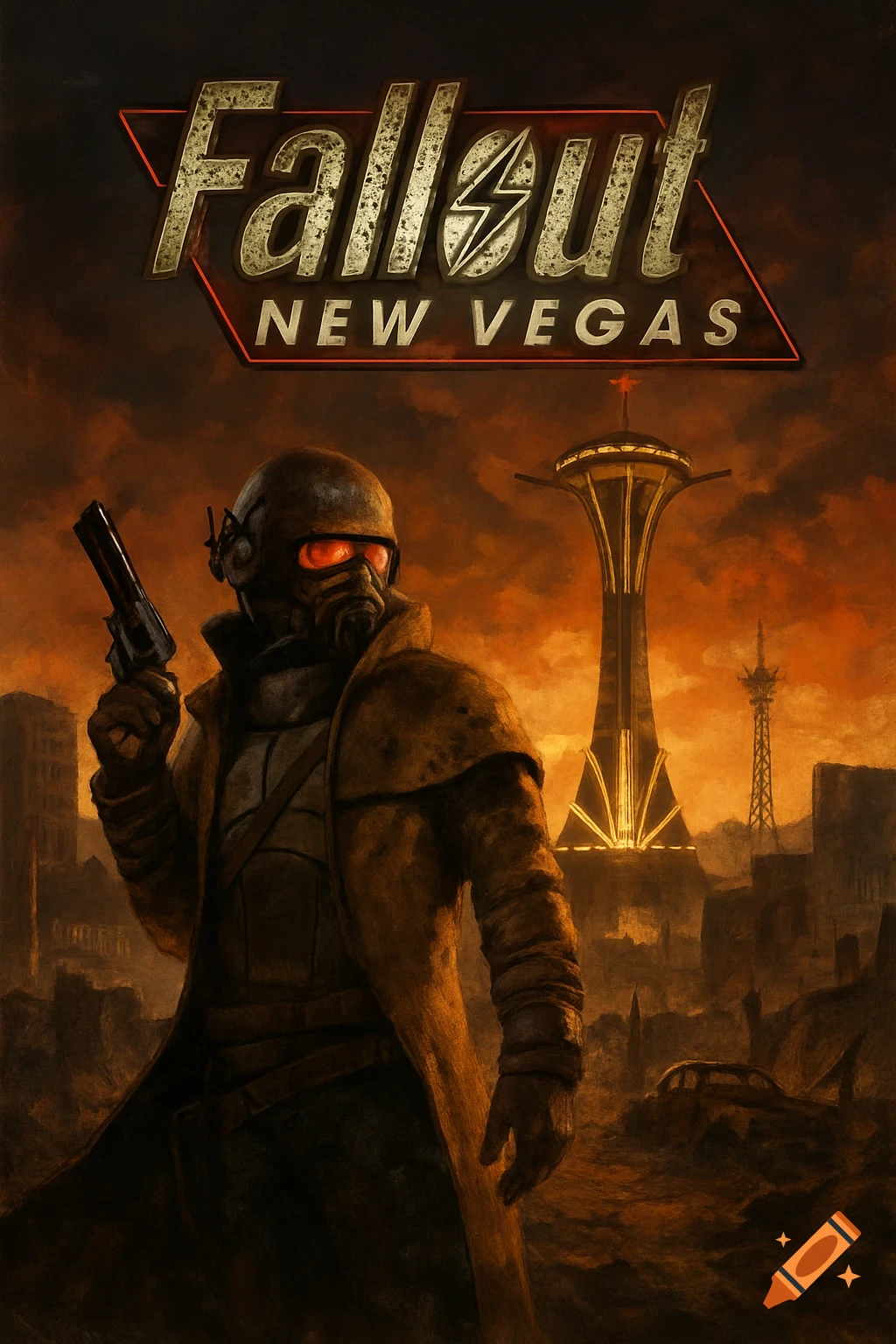 Illustration of a character in a gas mask and duster holding a gun in a post-apocalyptic city, with the Fallout New Vegas logo above.