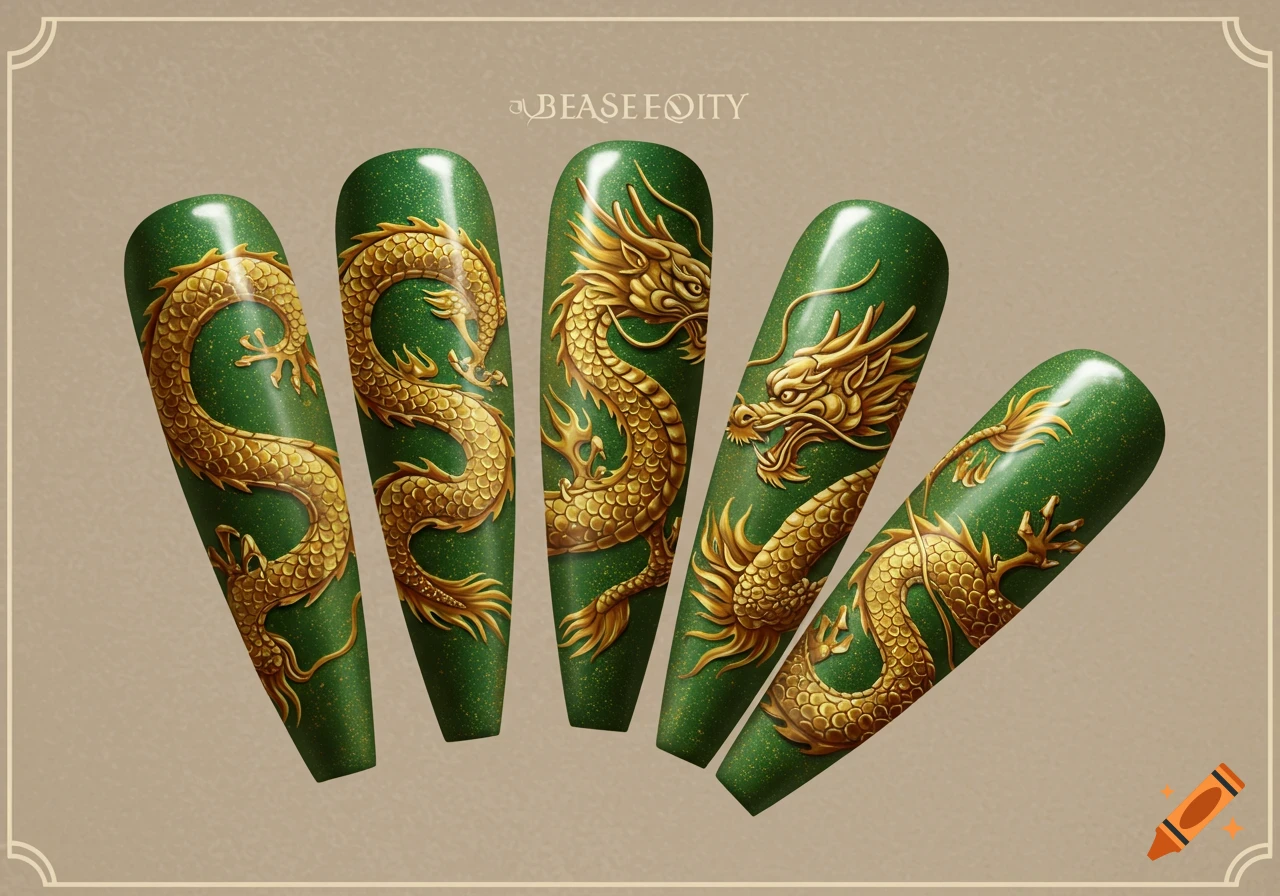 Five long green nails with detailed gold dragon designs.