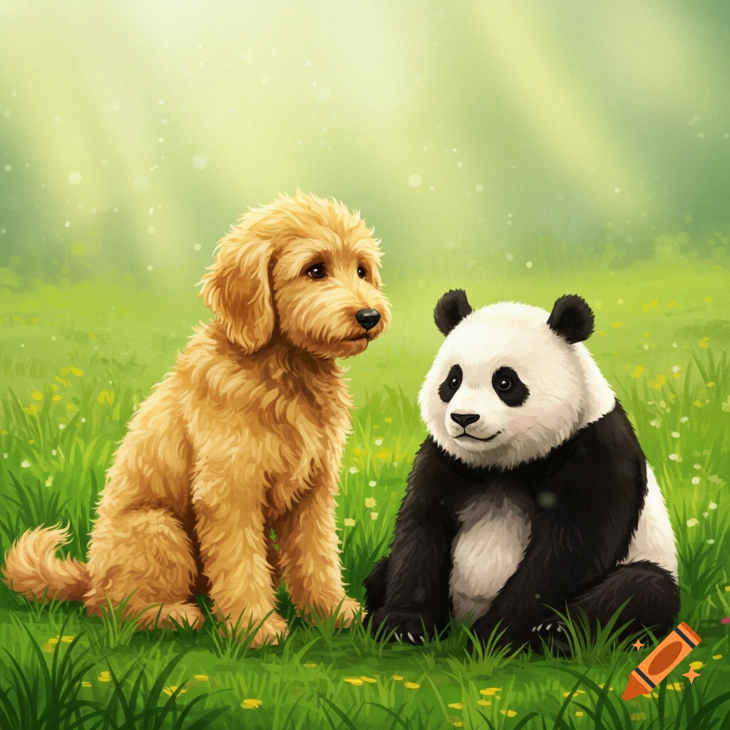 An illustration of a golden doodle dog and a panda sitting in a sunny field.