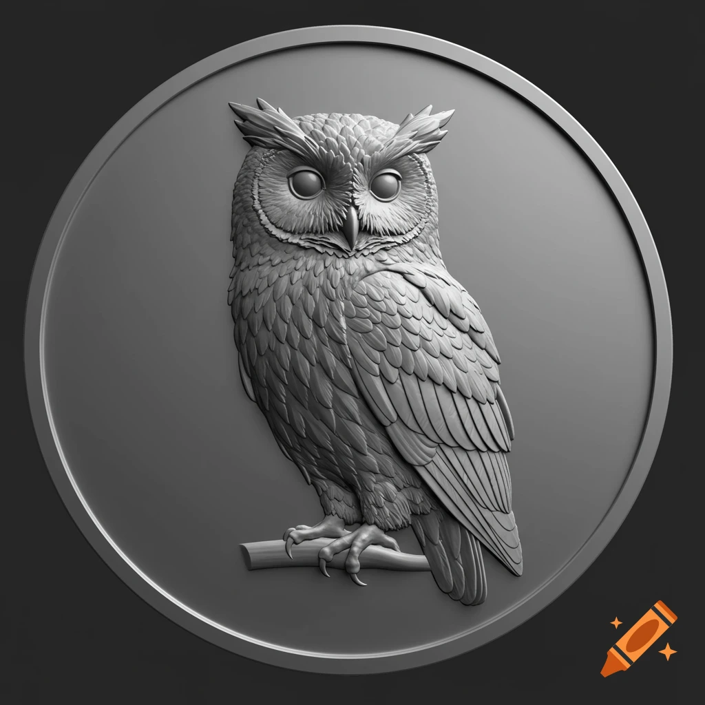 Grayscale bas relief of an owl perched on a branch within a coin.