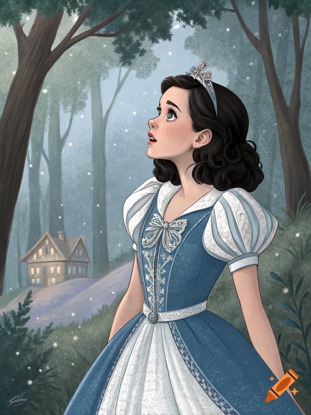 Illustration of Snow White in a forest looking up, with a cottage in the background.