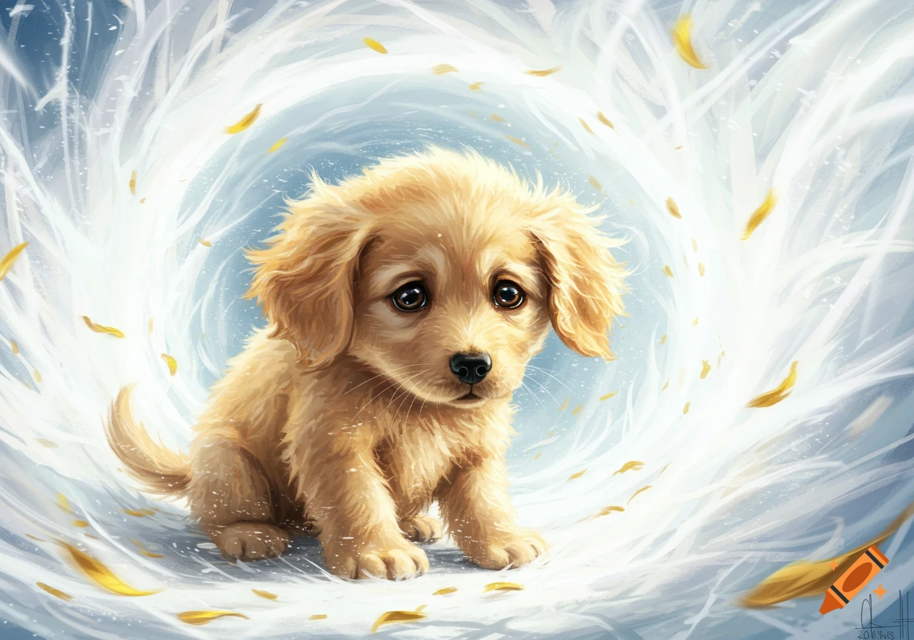 An illustration of a sad puppy sitting in a swirling wind tunnel with falling yellow leaves.