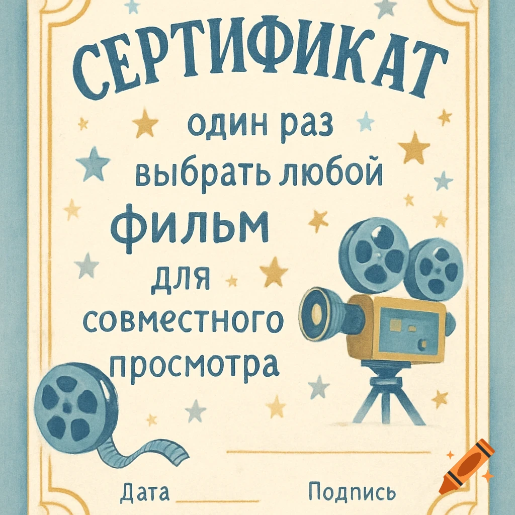 A whimsical certificate design with text and film motifs for a movie night.
