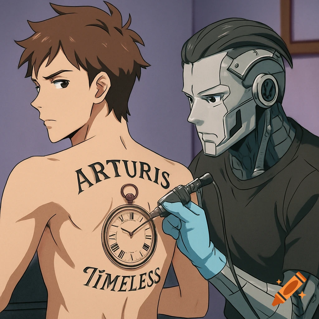 Anime style image of a man getting a back tattoo of 'Arturis' and 'Timeless' with a clock by a cyborg.