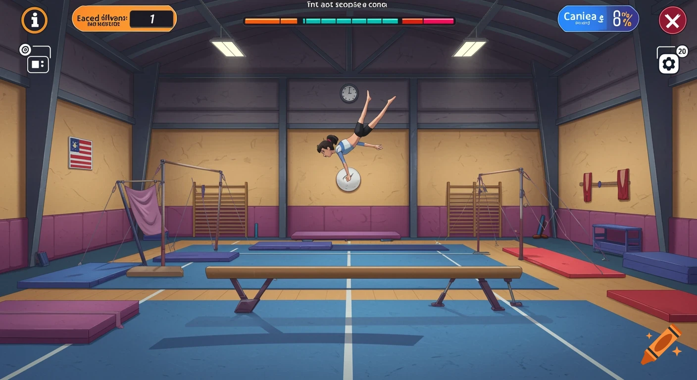 Cartoon illustration of a gymnast performing on a balance beam in a gymnastics studio