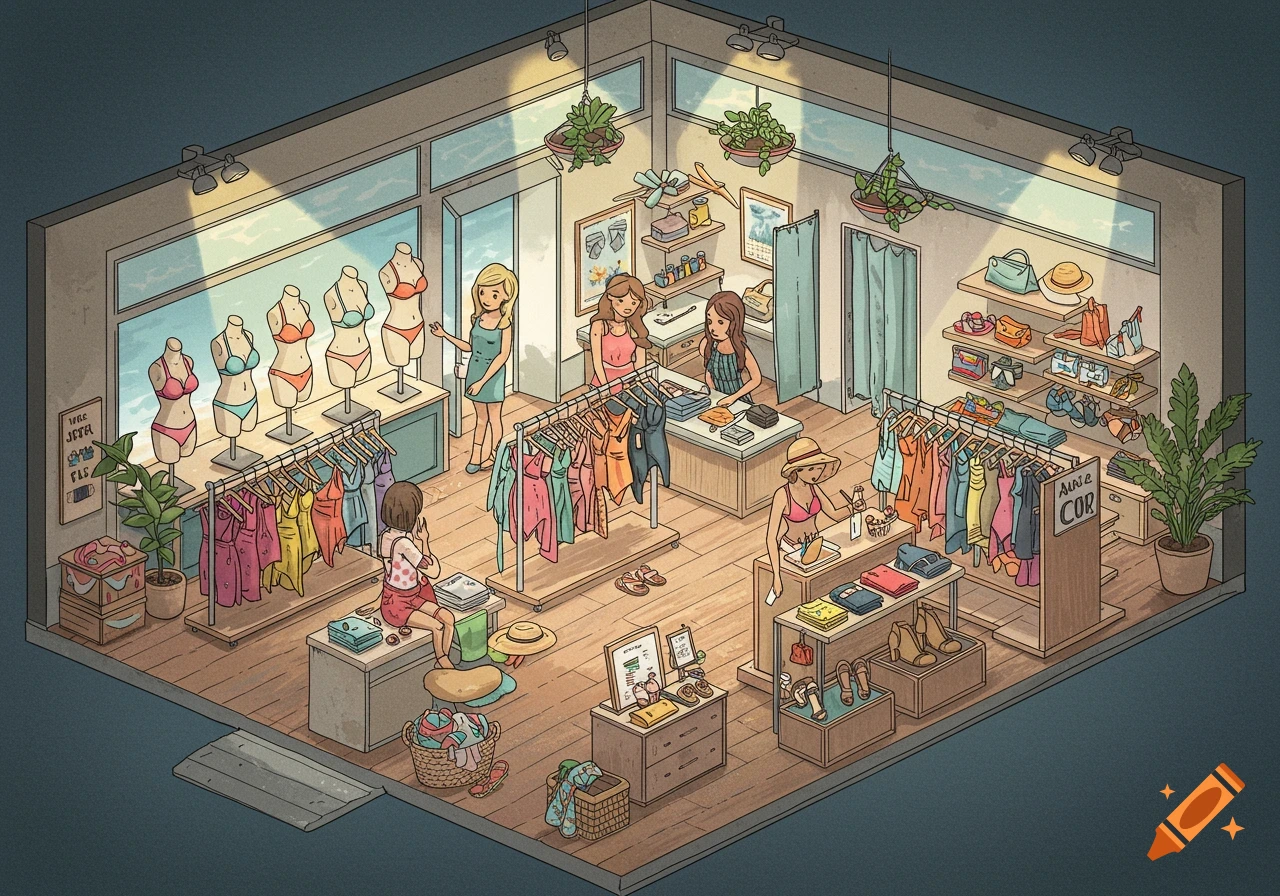 Illustration of an isometric view of a swimsuit store interior with customers and mannequins.
