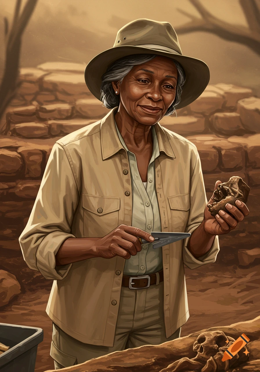 An older woman archaeologist in a hat holds a trowel and a skull fragment at an excavation site in an illustrative style.