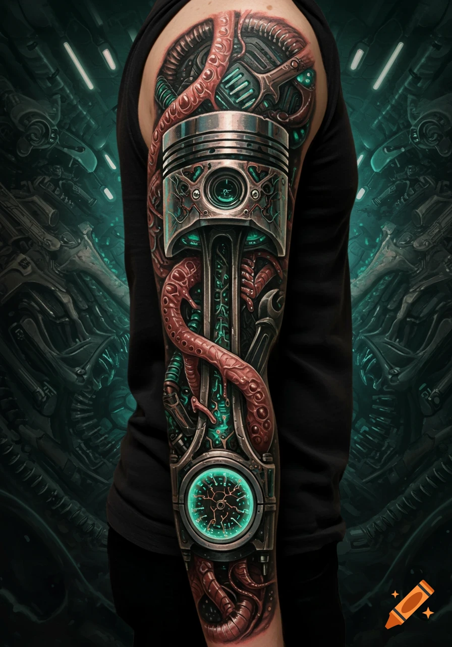 A biomechanical tattoo on an arm featuring a piston, tentacles, and glowing lights, against a sci-fi background.