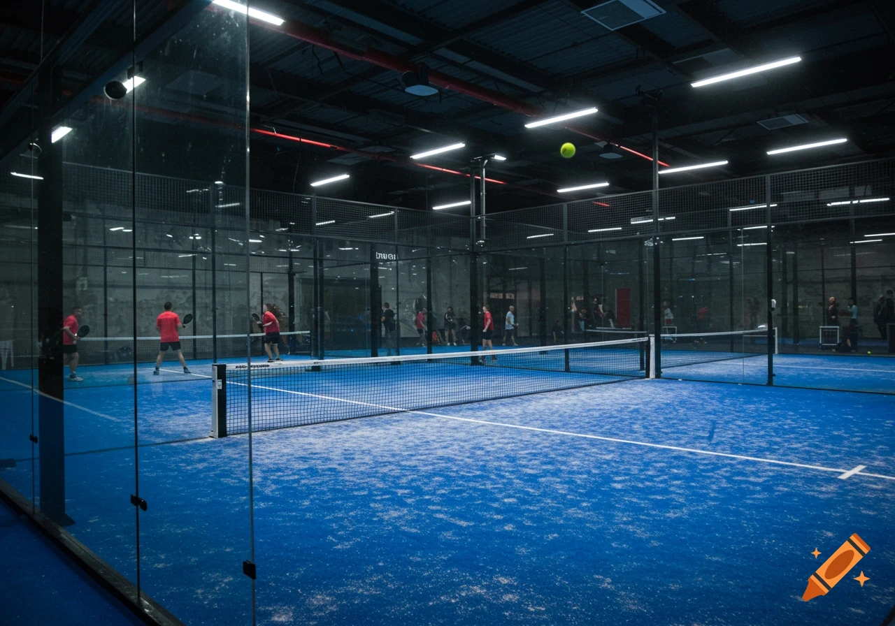People playing padel on a blue indoor court with a ball in the air.