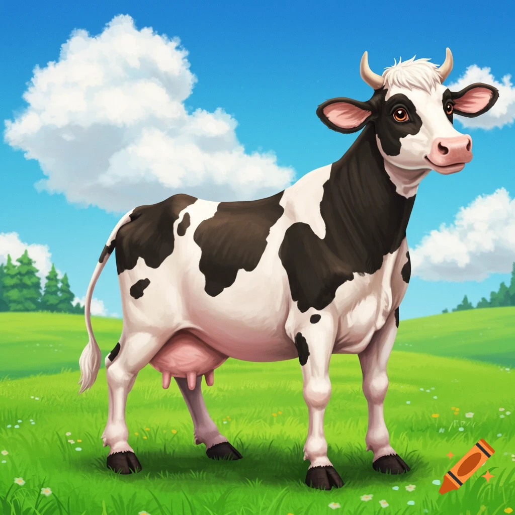 Stylized illustration of a black and white cow standing in a grassy field.