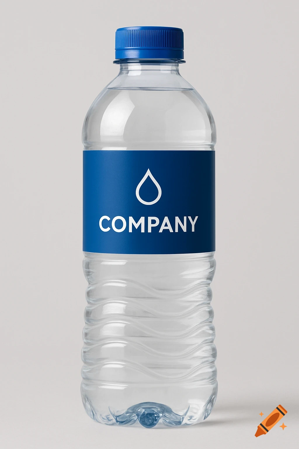 Photorealistic close-up of a plastic water bottle with a blue label