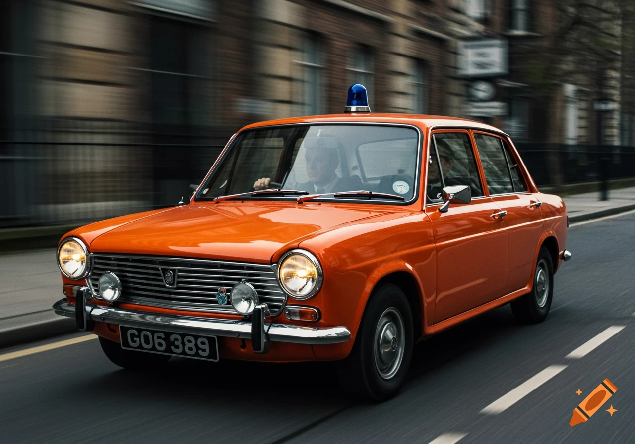 Photorealistic image of an orange Austin 1300GT with a blue light driving on a city street.