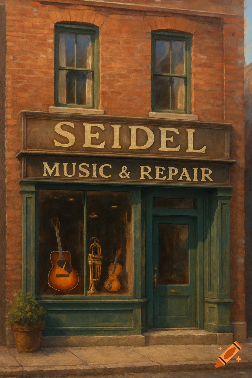 A painting of the facade of Seidel Music & Repair store, with instruments visible in the window.