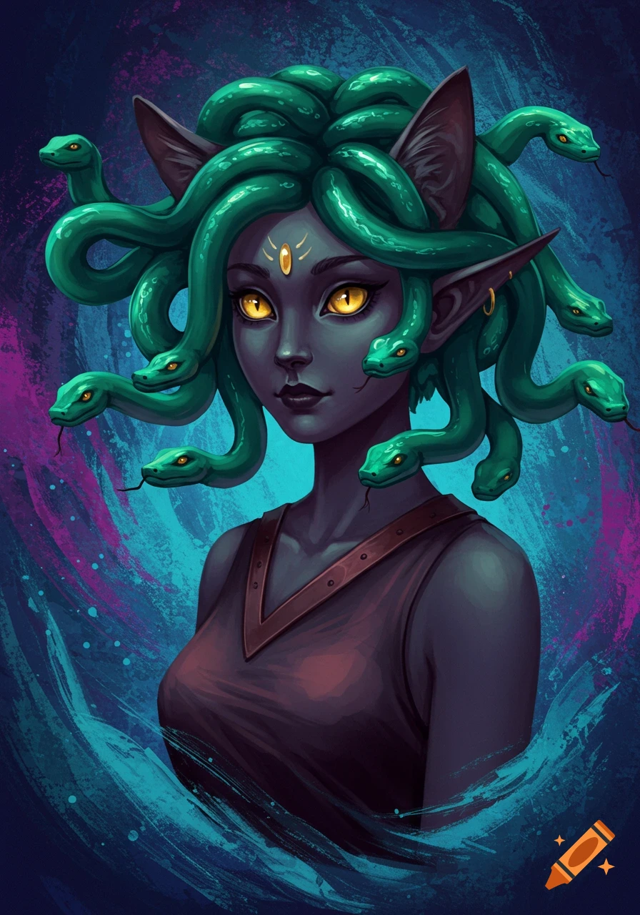 Portrait of a fantasy creature with green snakes for hair, cat ears, and golden eyes.