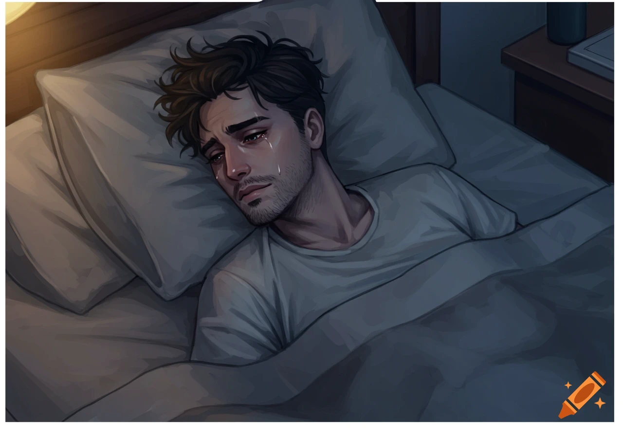 Illustration of a sad man crying in bed at night.