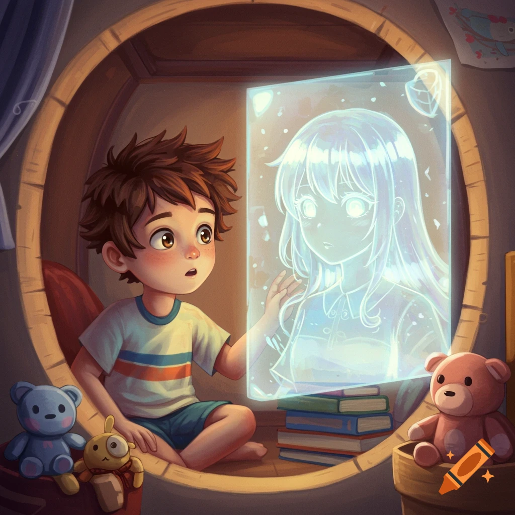 A boy in a cozy nook looks at a glowing holographic projection of a girl. Digital art.
