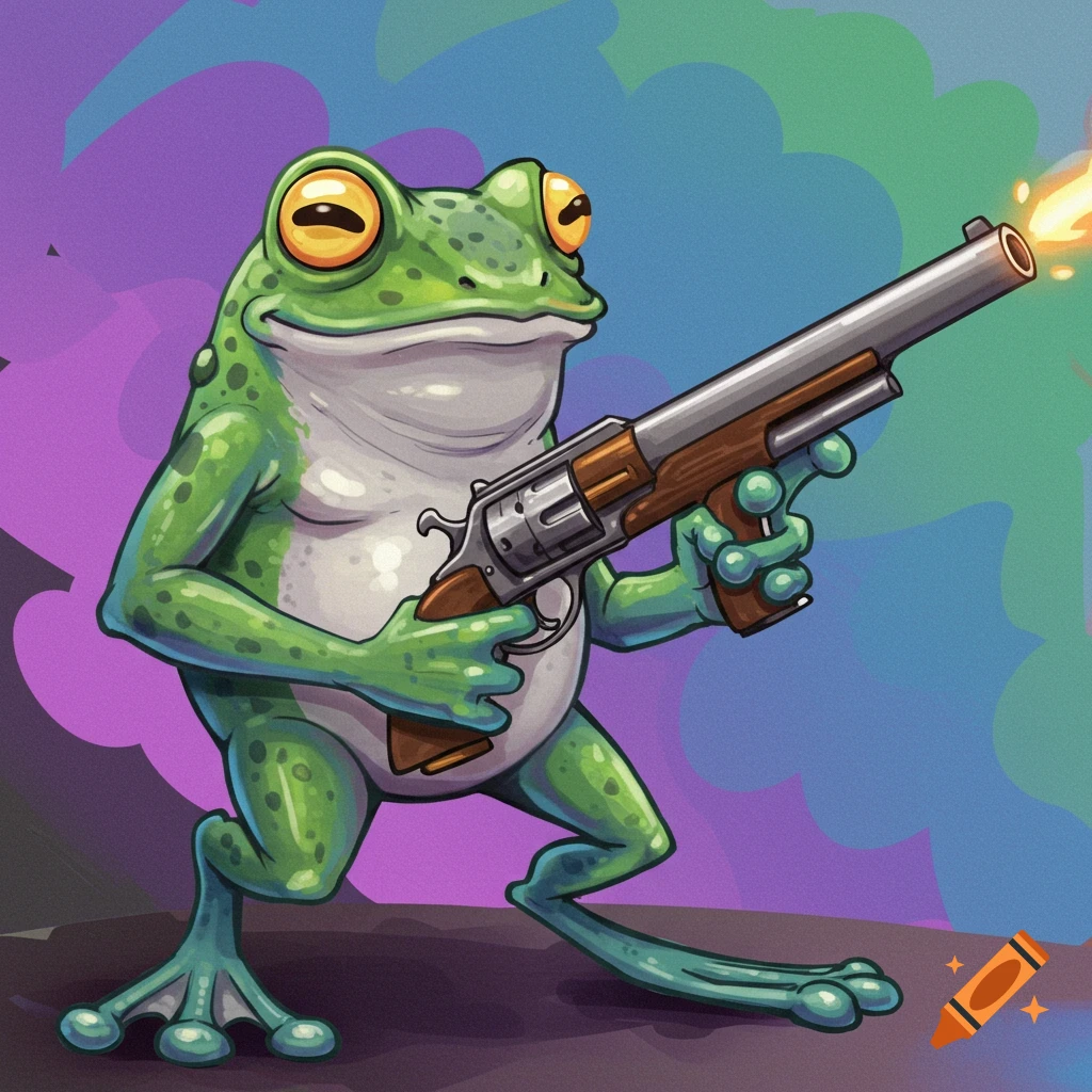 Cartoon illustration of a green frog holding a rifle-style revolver.