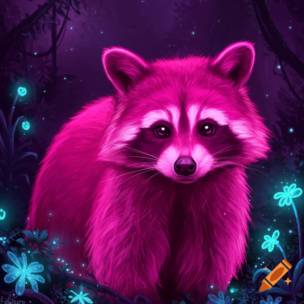 An illustration of a bright pink raccoon sitting in a dark forest with glowing blue plants.