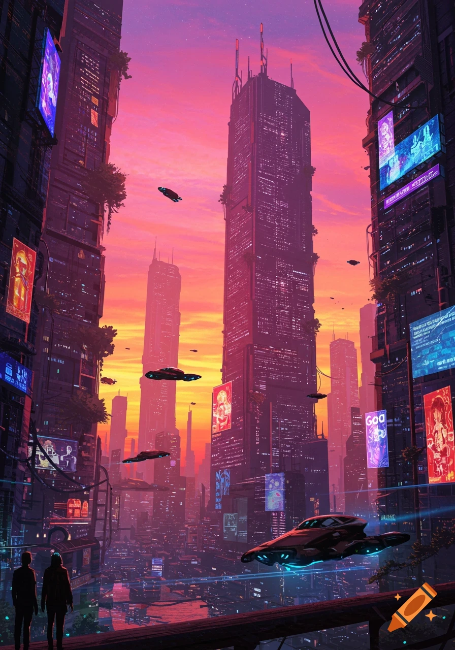 Cyberpunk city at sunset with tall buildings, flying vehicles, and two ...