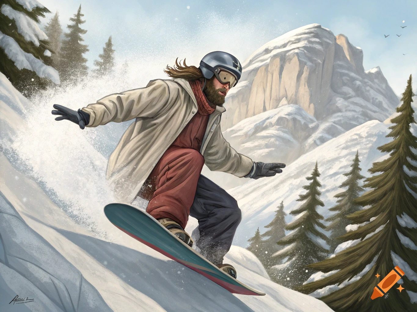A bearded man in a helmet and long coat snowboards down a snowy mountain slope with trees and peaks in the background.