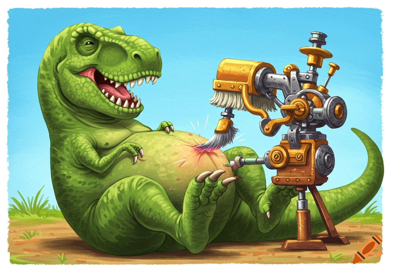 Illustration of a cartoon T-Rex laughing as a mechanical brush tickles its belly.