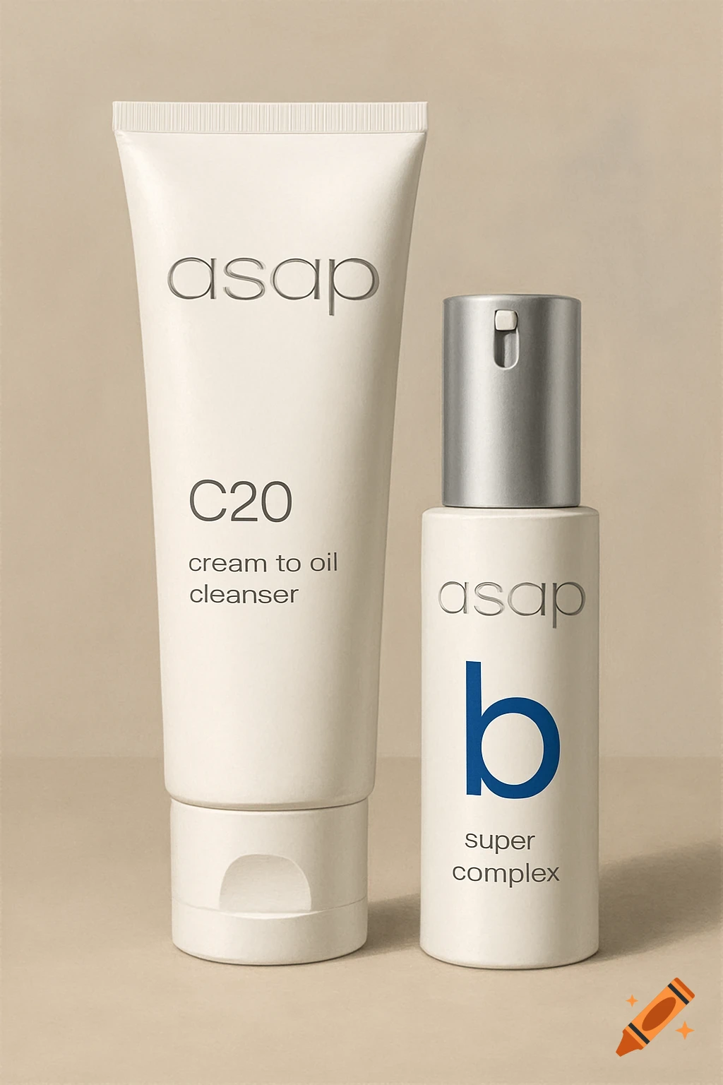 Two white skincare bottles, one labeled C20 cream to oil cleanser and the other B super complex, by ASAP.