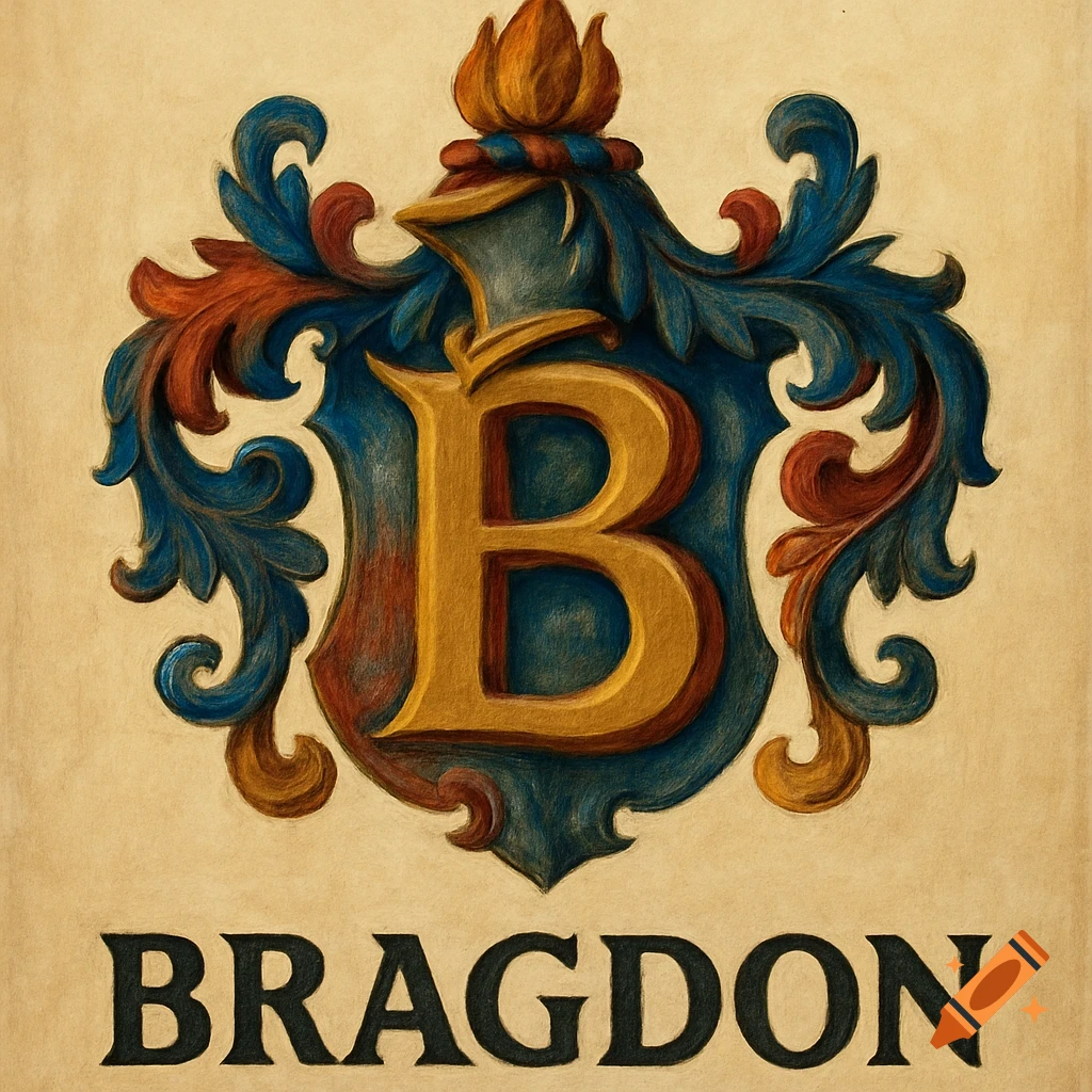 A detailed crest logo with a large gold 'B' and the word 'BRAGDON' below, in a painted style.