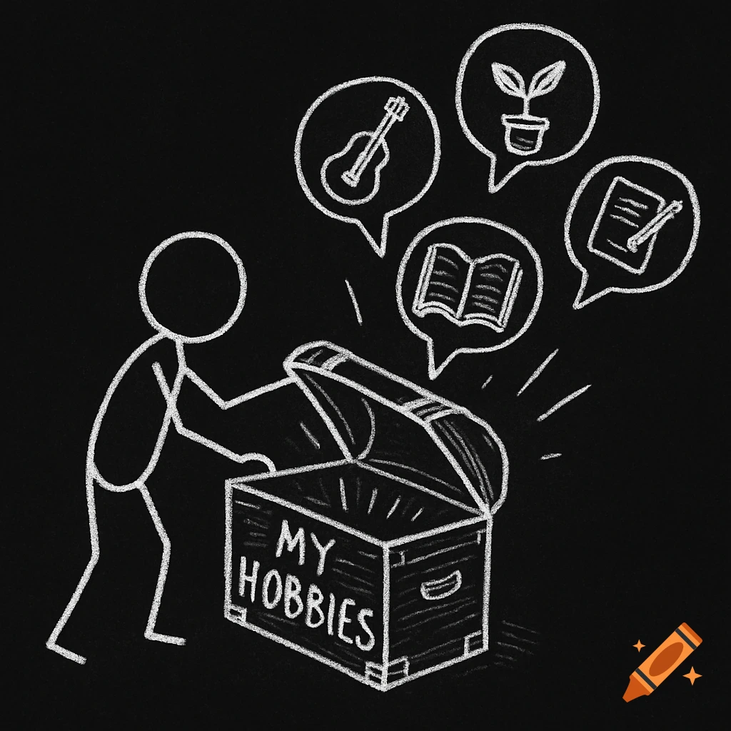 Chalk drawing of a stick figure opening a chest labeled 'My Hobbies' with icons for guitar, book, plant, and sketchpad flying out.