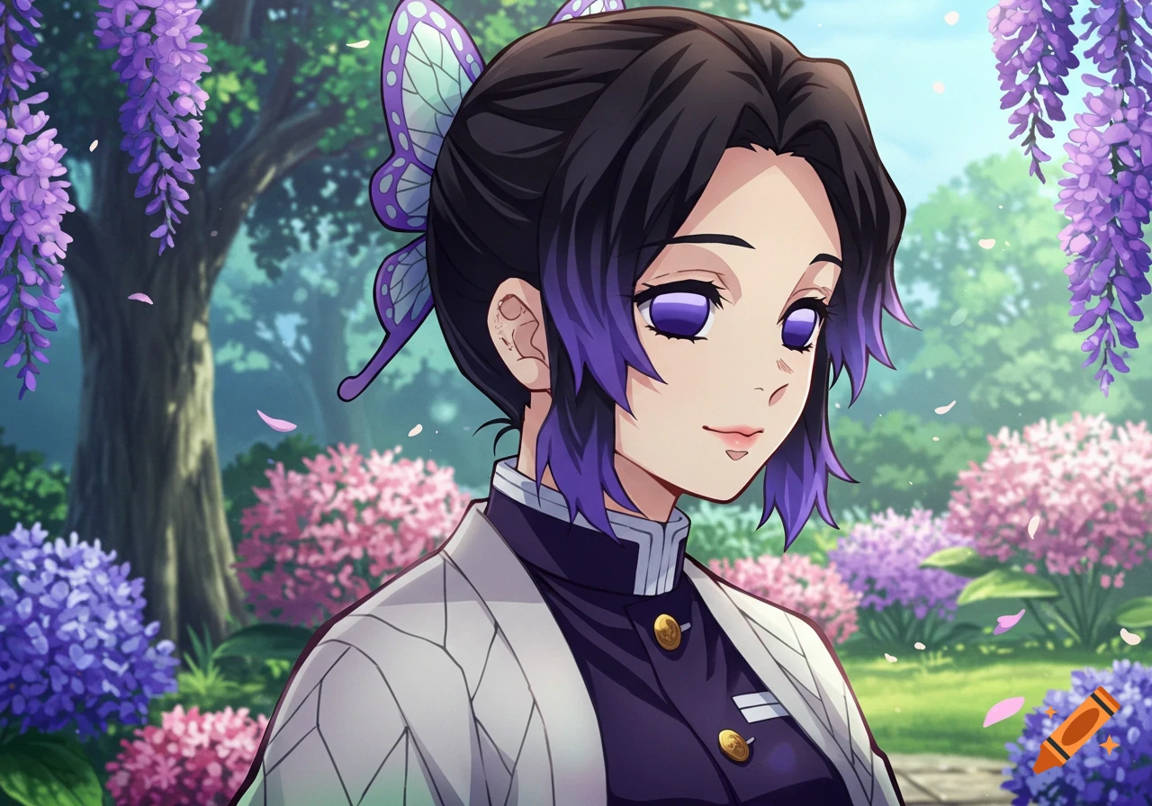 Anime character Shinobu Kocho in a garden with wisteria and flowers
