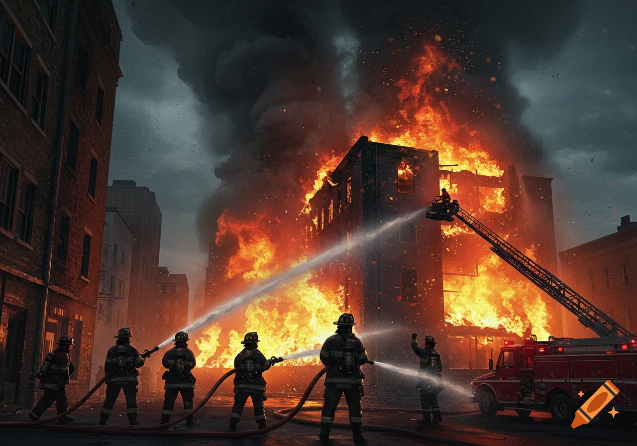 Firefighters battling a large building fire in a city street at night