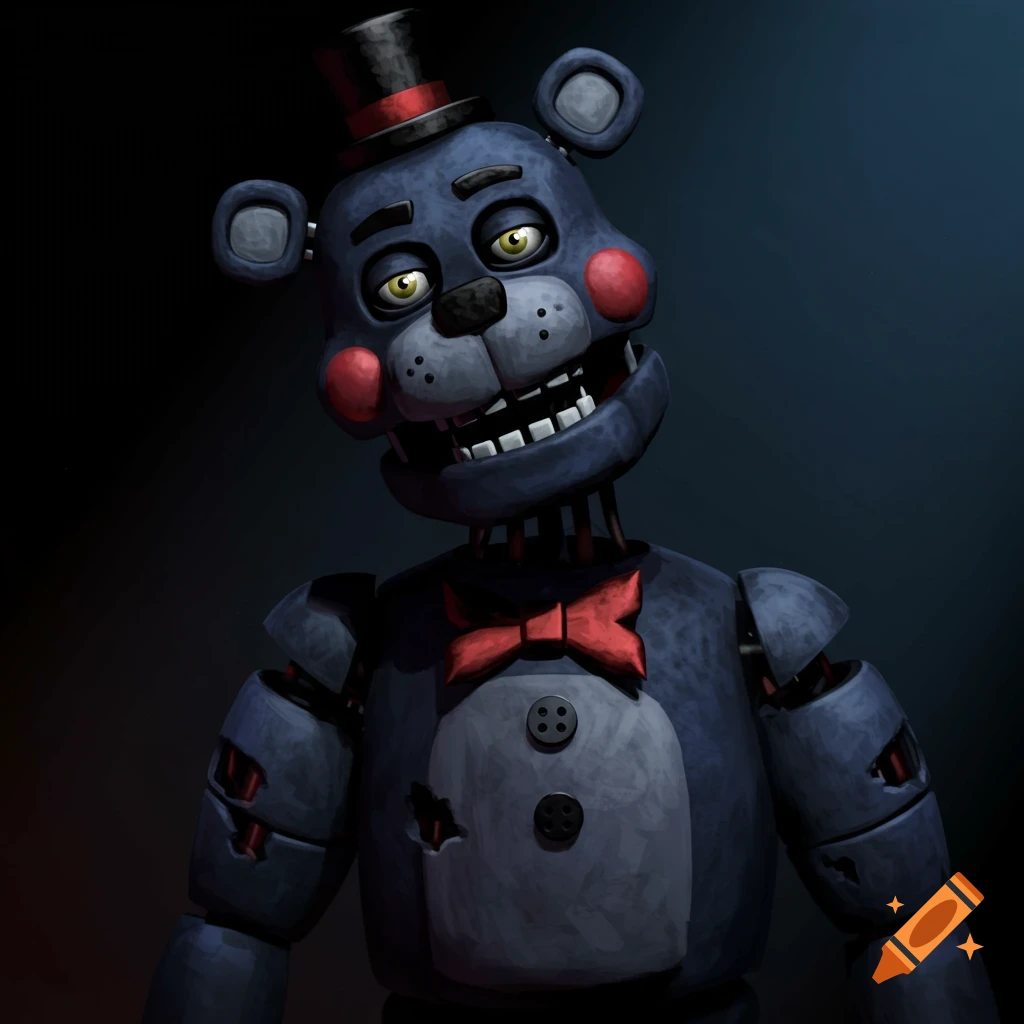 Dark blue animatronic bear with red cheeks and top hat.