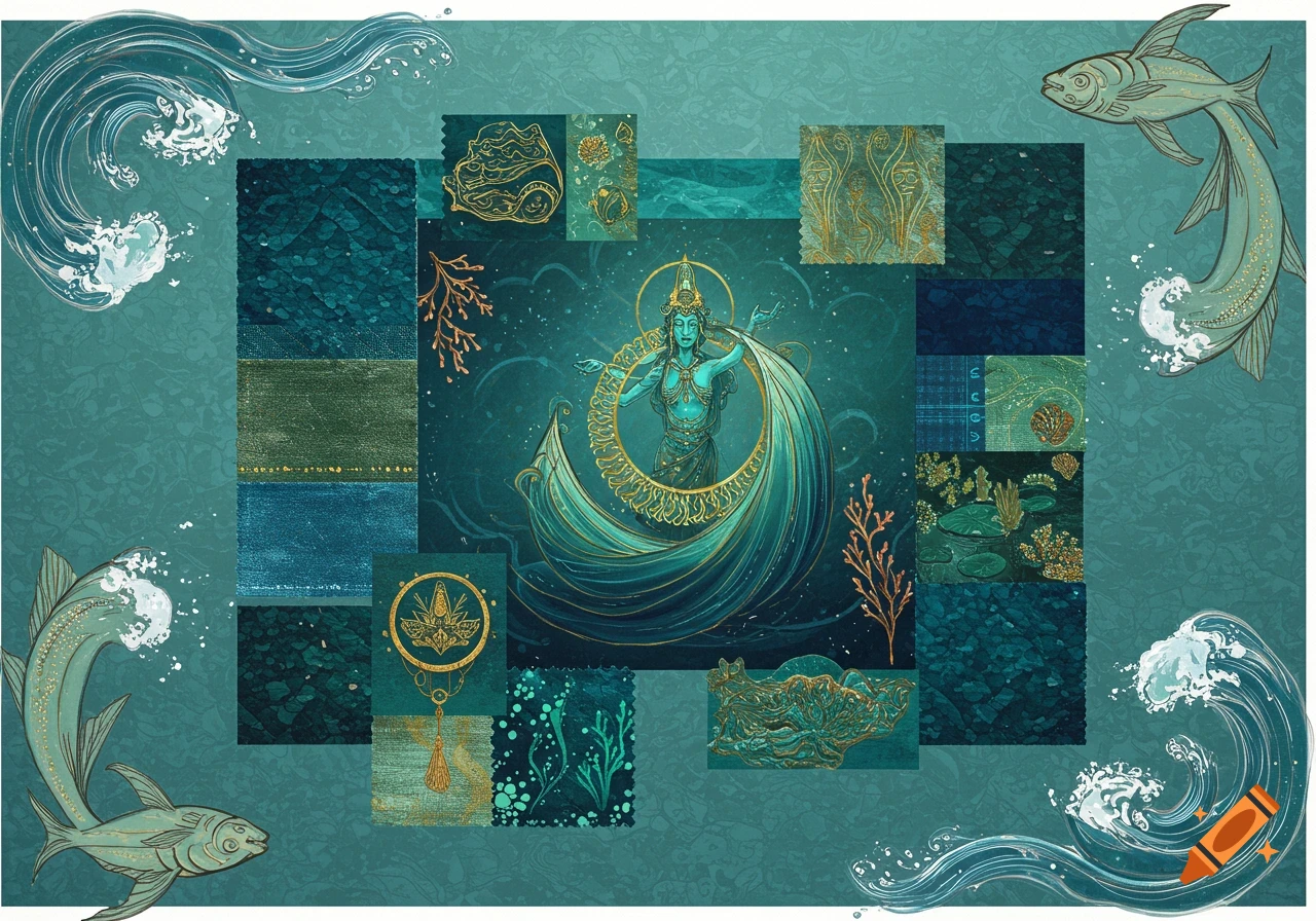 A moodboard collage in teal and gold featuring a goddess, fish, waves, and various textured squares.