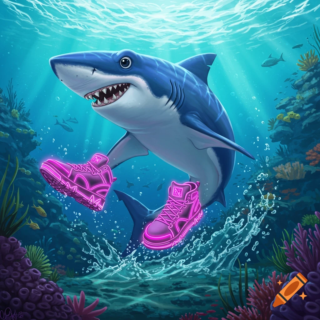 A cartoon shark swims underwater among coral reefs, wearing bright pink glowing sneakers.