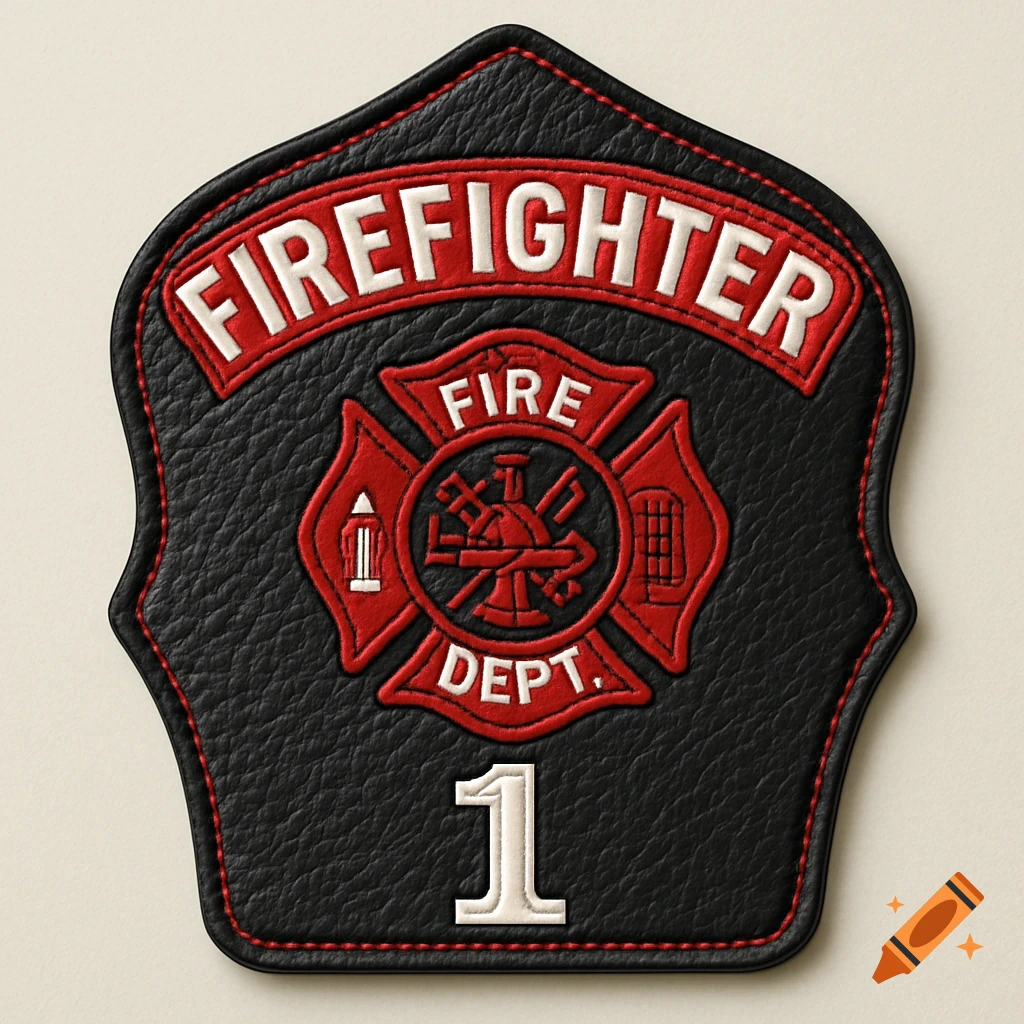 Black leather firefighter badge with red trim, white text 'FIREFIGHTER', Maltese cross with 'FIRE DEPT.', and the number 1.