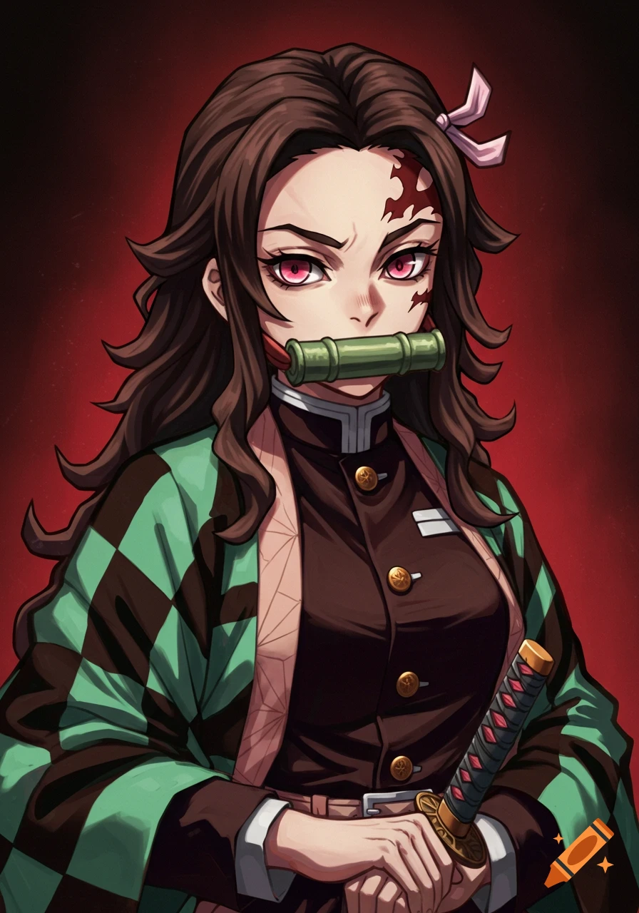Anime portrait of a female character with a bamboo muzzle, red eyes, brown uniform, green and black haori, and holding a sword.