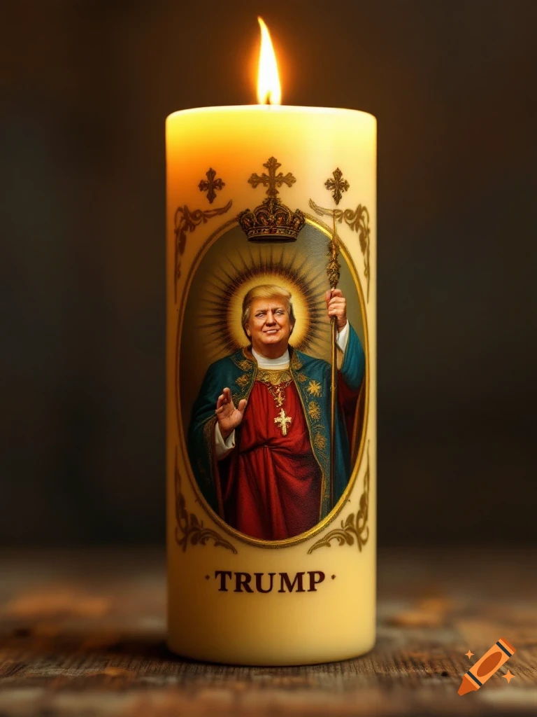 Realistic votive candle featuring Donald Trump as a Catholic saint.