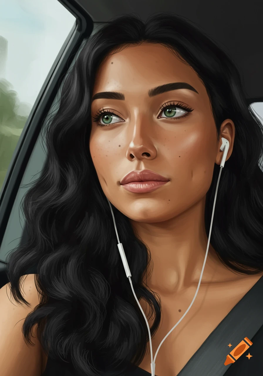 Semi-realistic portrait drawing of a young woman with green eyes and dark hair wearing earphones in a car.