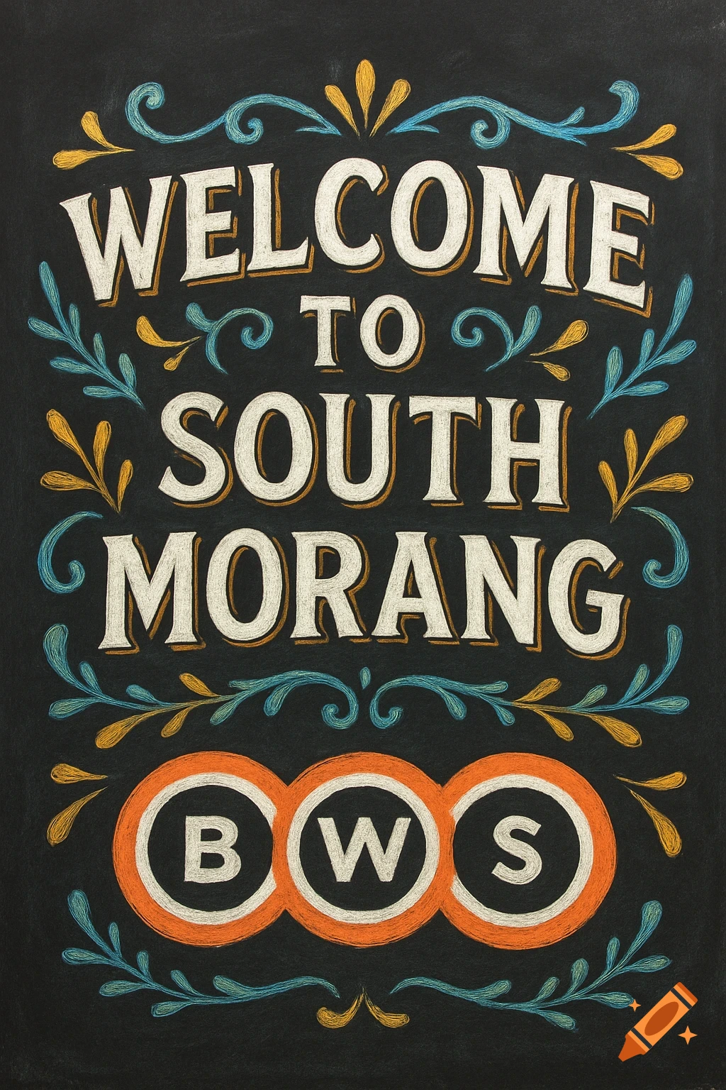 Chalk mural with Welcome to South Morang BWS text and decorative elements.