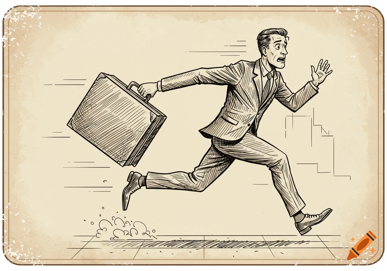 Vintage sketch illustration of a man in a suit running with a briefcase.