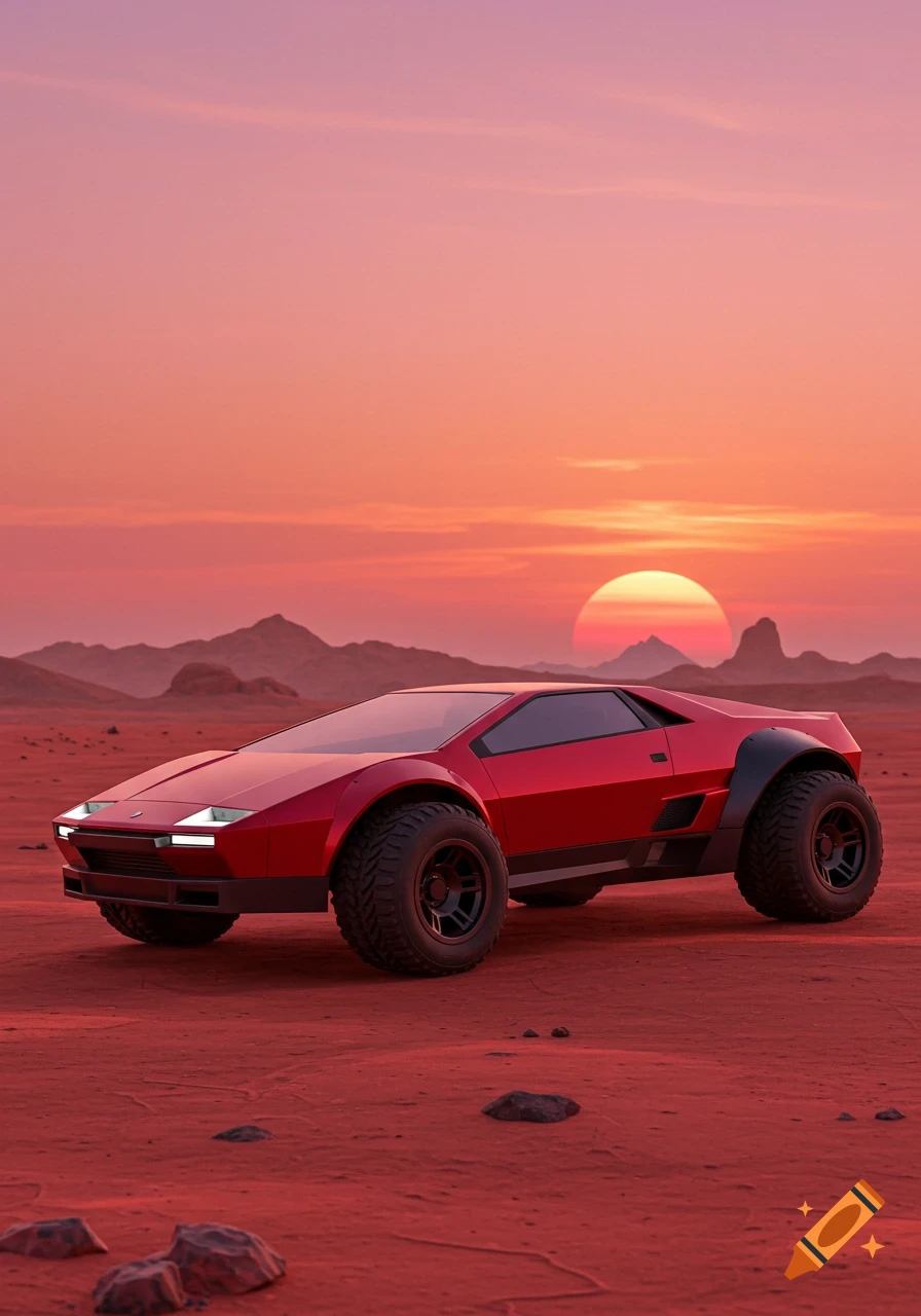 A futuristic red car sits in a red desert landscape with mountains under a large sunset.