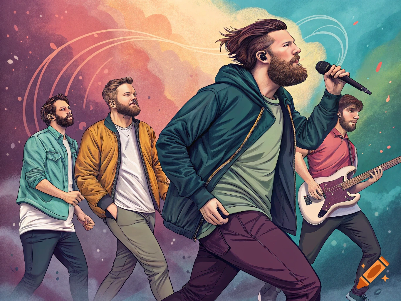 Stylized illustration of a band performing. Four men, one singing into a microphone, another playing a bass guitar, against a colorful, swirling background.