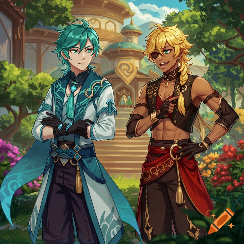 Anime illustration of two male characters from Genshin Impact, Alhaitham and Kaveh, standing in a garden setting with a building in the background.