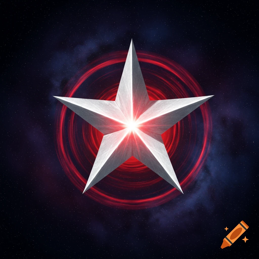 A white star with a red glow spinning against a dark blue cosmic background with stars.