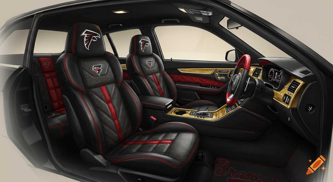 A customized car interior features black leather seats with red accents, gold trim, and Atlanta Falcons and Braves logos.