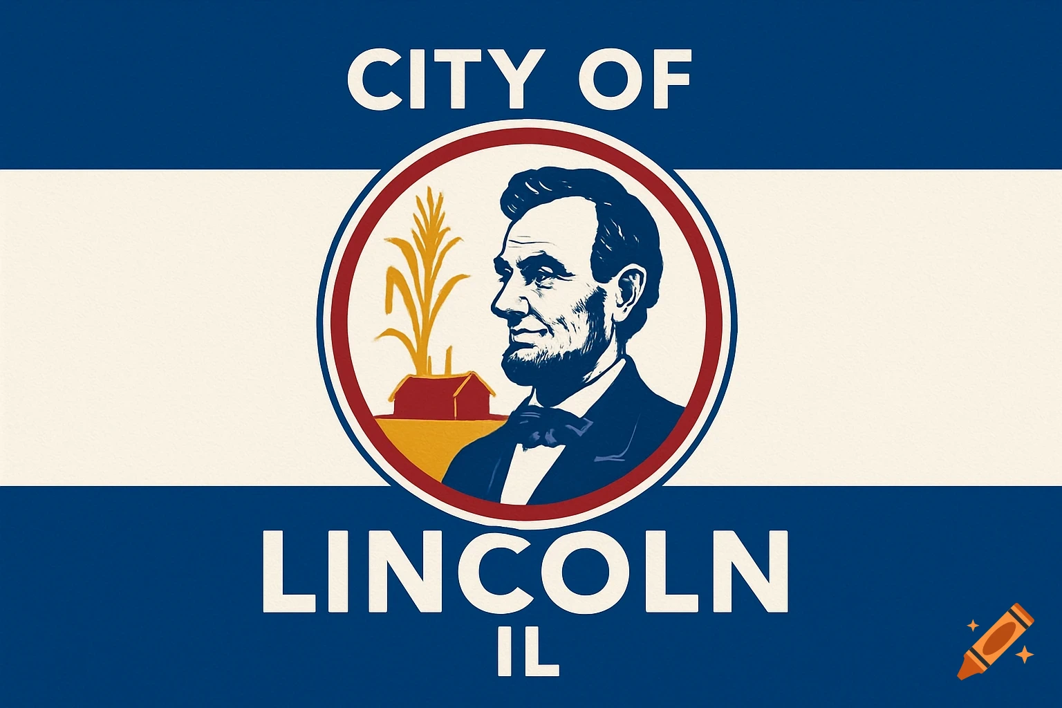 Flag for the City of Lincoln, IL with Abraham Lincoln portrait, corn, house, and text on blue and white stripes.